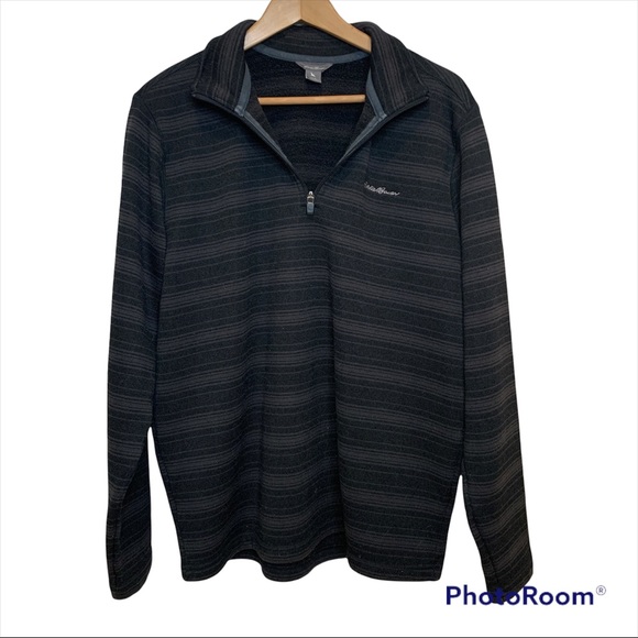 Eddie Bauer Black Gray Striped 1/4 Zip Fleece Pullover Size L - Picture 1 of 8